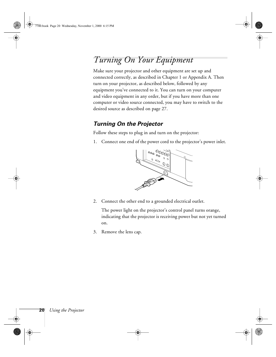 Turning on your equipment, Turning on the projector | Epson 7700p User Manual | Page 26 / 116