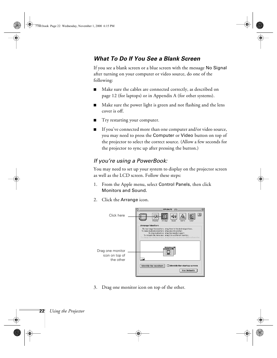 What to do if you see a blank screen, Hanging menu settings | Epson 7700p User Manual | Page 28 / 116