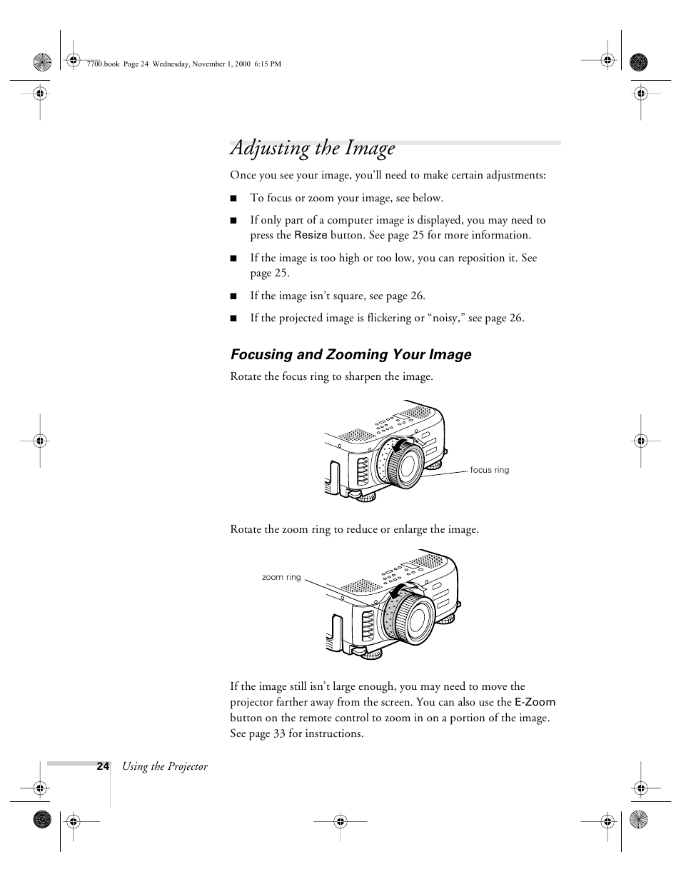 Adjusting the image, Focusing and zooming your image | Epson 7700p User Manual | Page 30 / 116