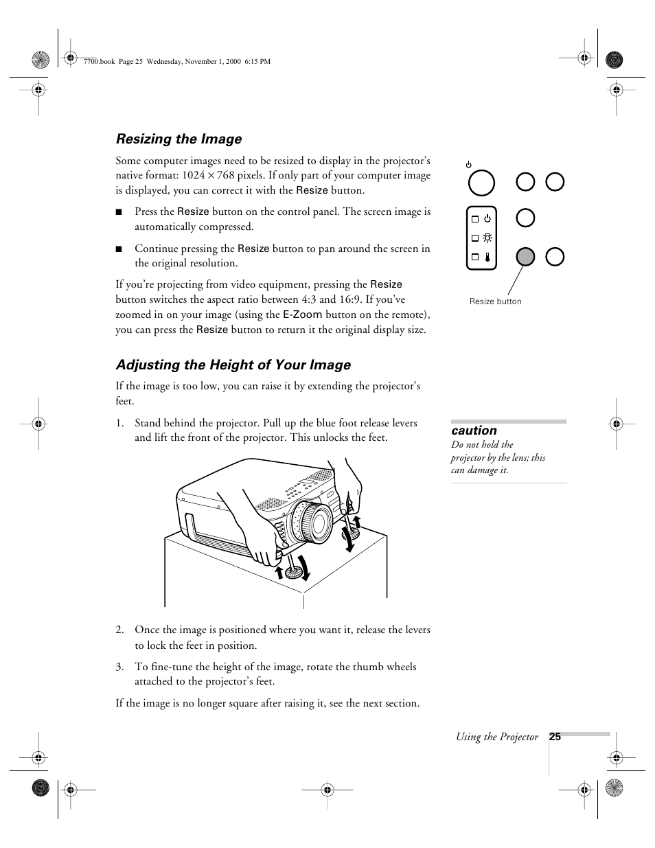 Resizing the image, Adjusting the height of your image | Epson 7700p User Manual | Page 31 / 116