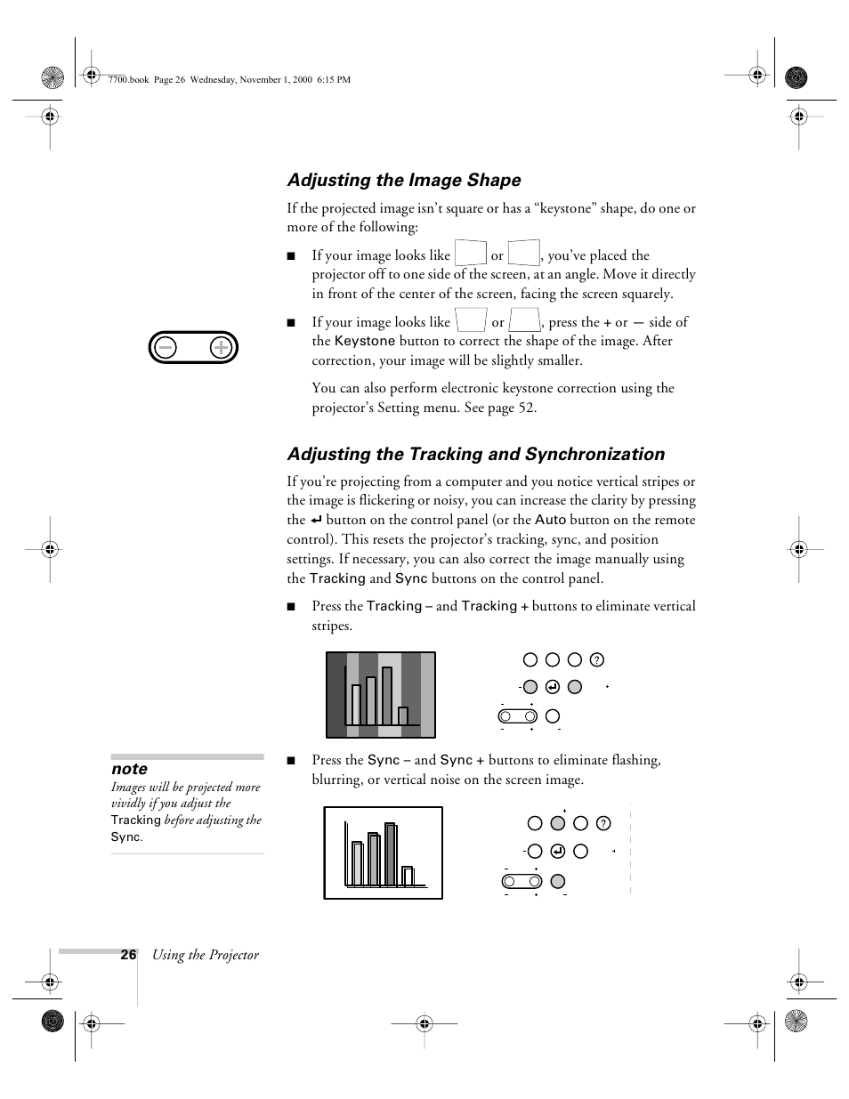 Adjusting the image shape, Adjusting the tracking and synchronization | Epson 7700p User Manual | Page 32 / 116