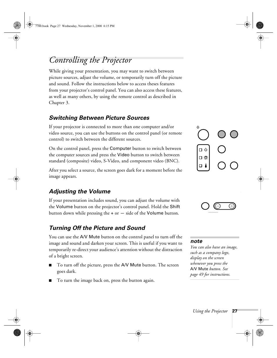 Controlling the projector, Switching between picture sources, Adjusting the volume | Turning off the picture and sound | Epson 7700p User Manual | Page 33 / 116