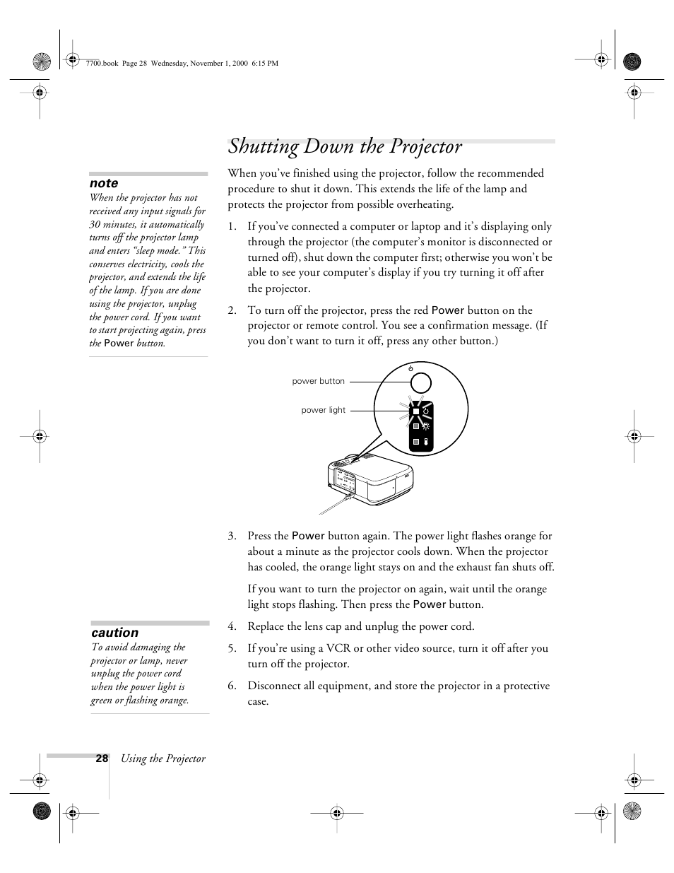 Shutting down the projector | Epson 7700p User Manual | Page 34 / 116