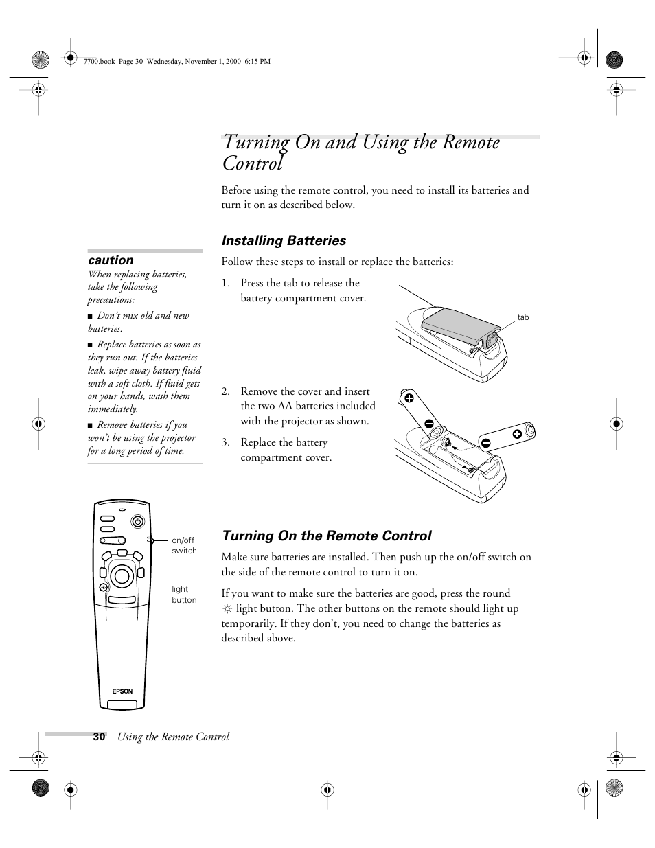 Turning on and using the remote control, Installing batteries, Turning on the remote control | Installing batteries turning on the remote control, Caution, Using the remote control | Epson 7700p User Manual | Page 36 / 116