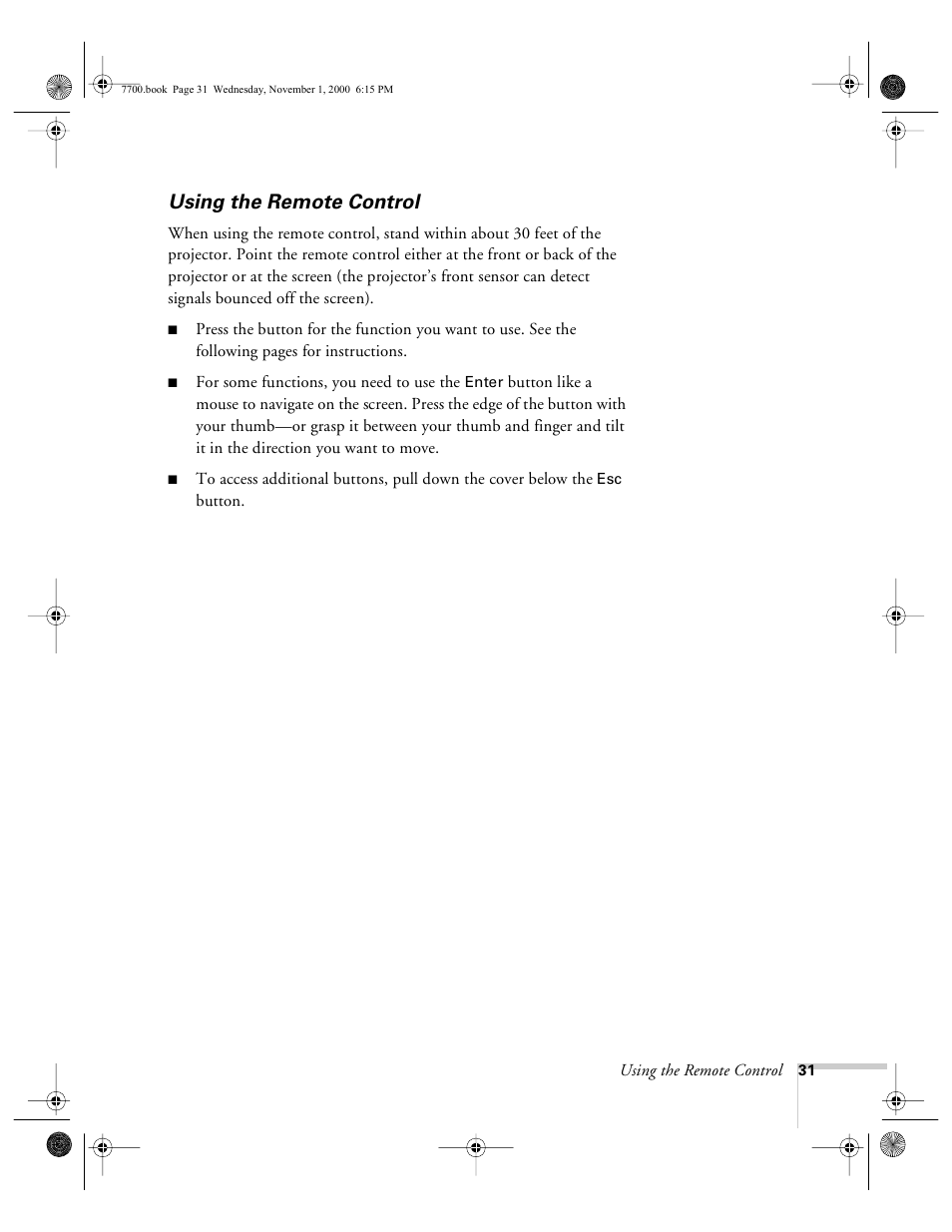 Using the remote control | Epson 7700p User Manual | Page 37 / 116