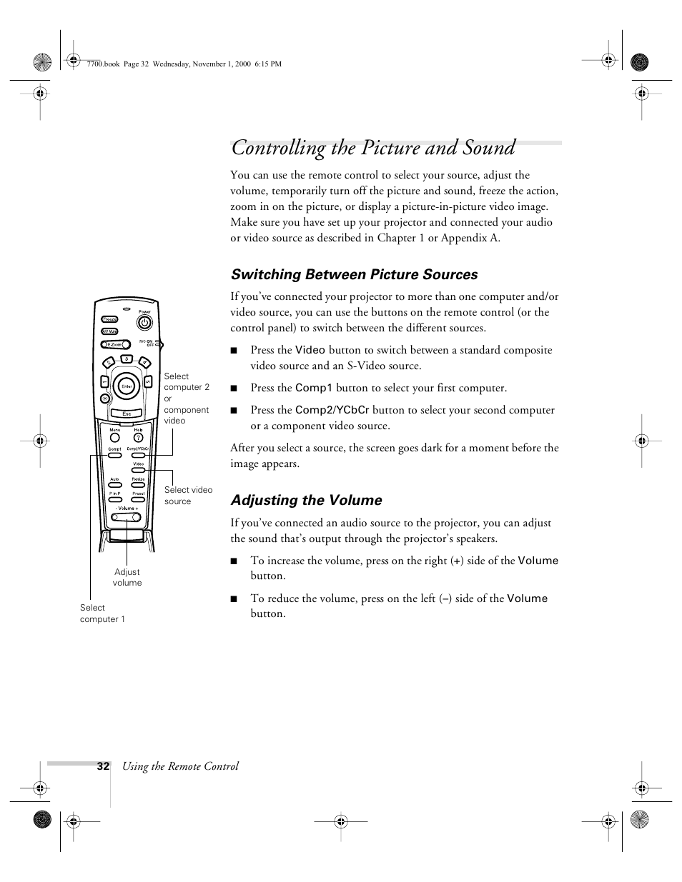 Controlling the picture and sound, Switching between picture sources, Adjusting the volume | Epson 7700p User Manual | Page 38 / 116