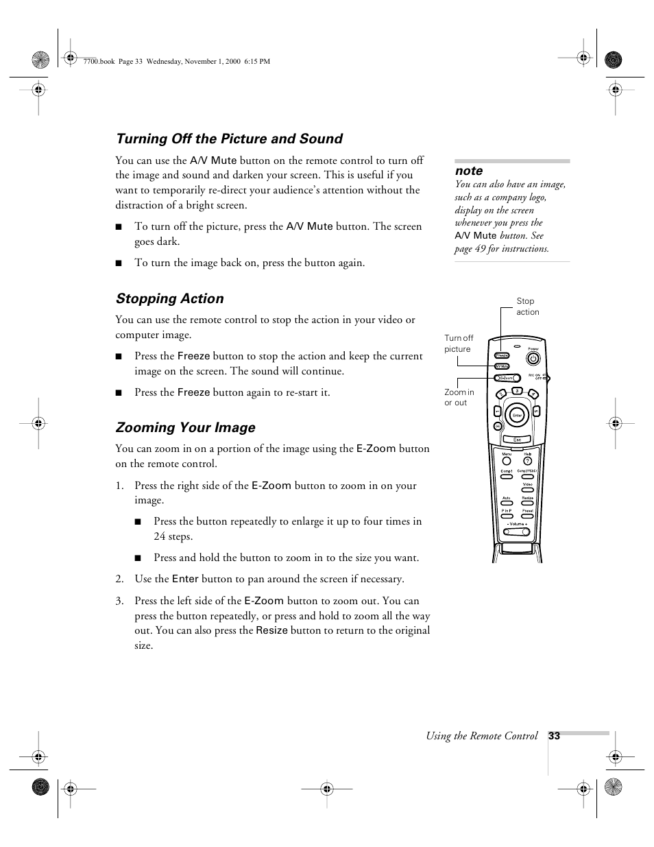 Turning off the picture and sound, Stopping action, Zooming your image | Epson 7700p User Manual | Page 39 / 116