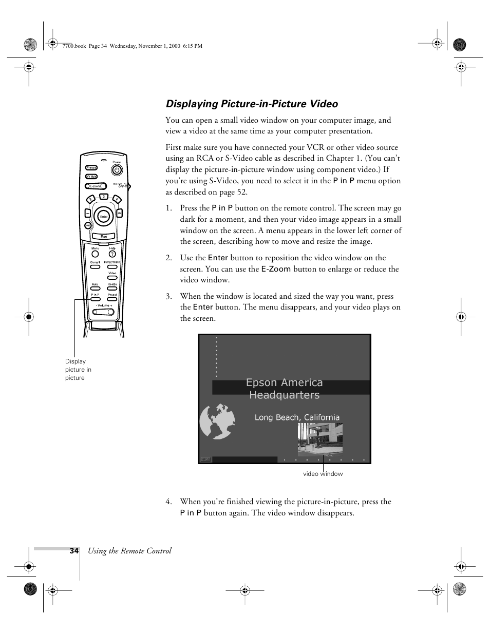 Displaying picture-in-picture video | Epson 7700p User Manual | Page 40 / 116