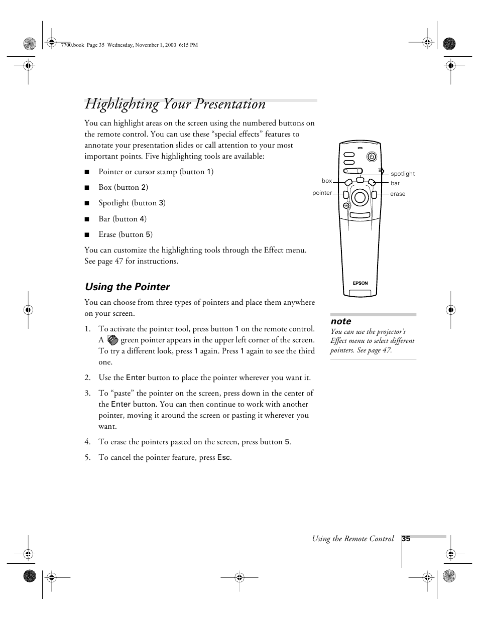 Highlighting your presentation, Using the pointer | Epson 7700p User Manual | Page 41 / 116