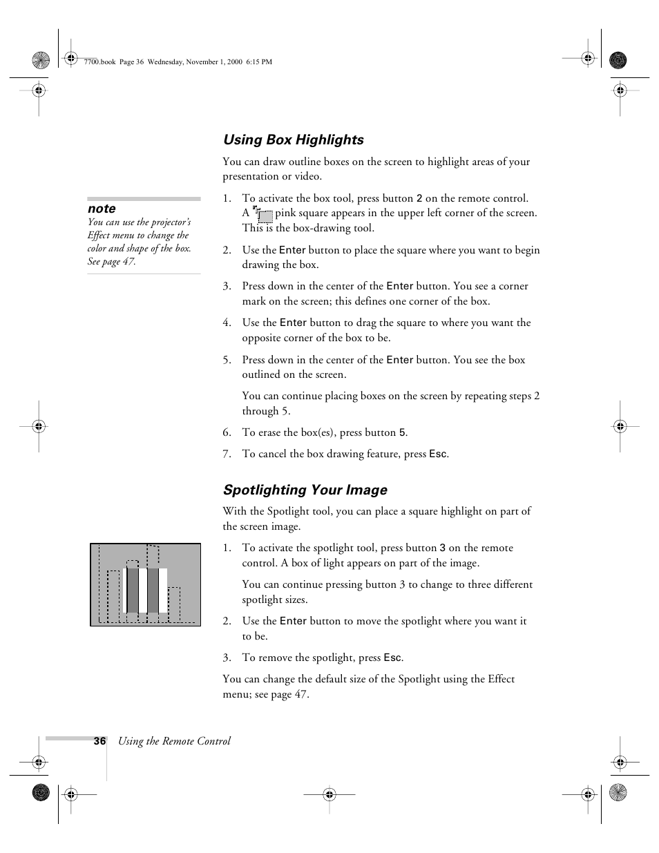 Using box highlights, Spotlighting your image, Using box highlights spotlighting your image | Epson 7700p User Manual | Page 42 / 116