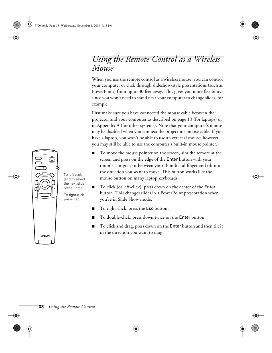 Using the remote control as a wireless mouse, Using the remote control, Button | Epson 7700p User Manual | Page 44 / 116