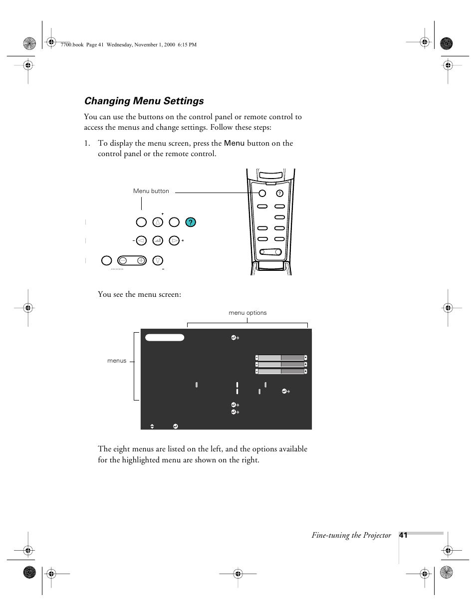 Changing menu settings, Fine-tuning the projector, Menu | Epson 7700p User Manual | Page 47 / 116