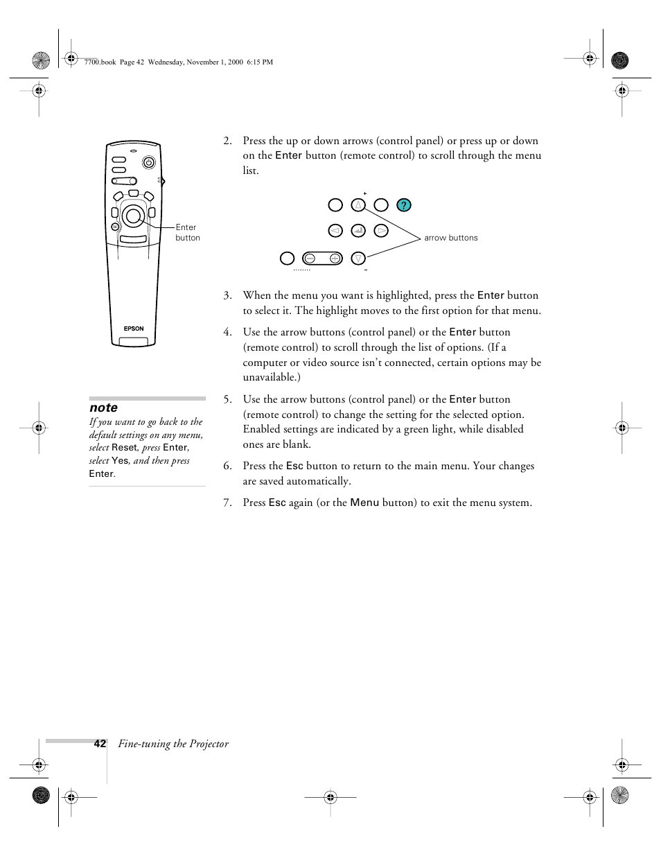 Again (or the, Button) to exit the menu system | Epson 7700p User Manual | Page 48 / 116