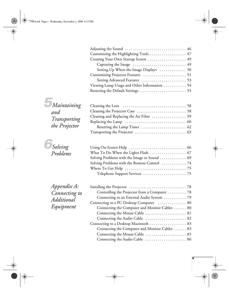 M aintaining and transporting the projector, Solving problems, Appendix a: connecting to additional equipment | Epson 7700p User Manual | Page 5 / 116