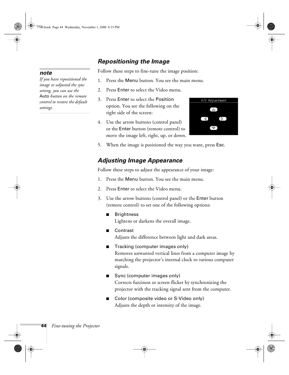 Repositioning the image, Adjusting image appearance, Repositioning the image adjusting image appearance | Epson 7700p User Manual | Page 50 / 116