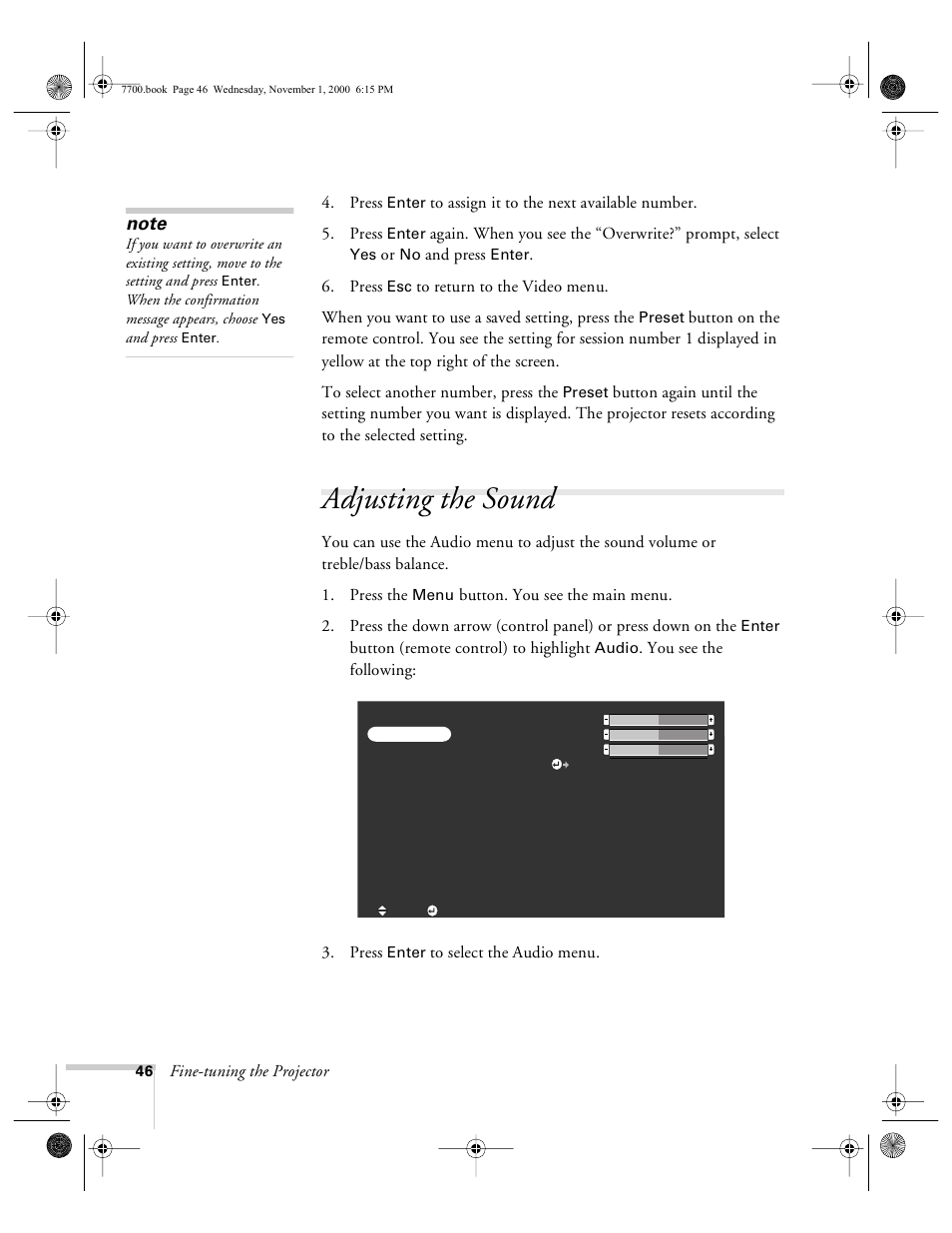 Adjusting the sound | Epson 7700p User Manual | Page 52 / 116