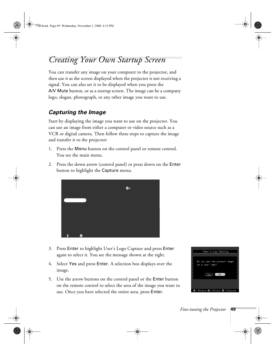 Creating your own startup screen, Capturing the image | Epson 7700p User Manual | Page 55 / 116