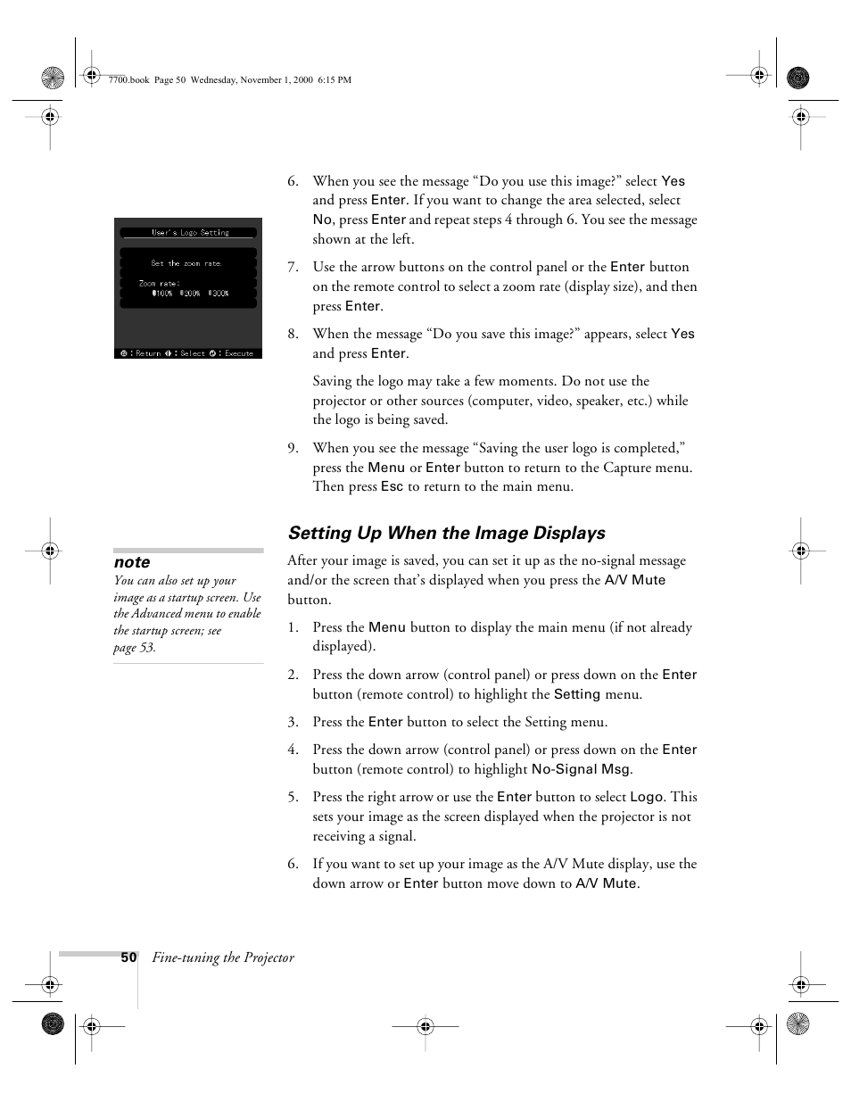Setting up when the image displays | Epson 7700p User Manual | Page 56 / 116