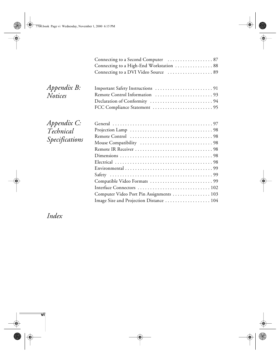 Appendix b: notices, Appendix c: technical specifications, Index | Epson 7700p User Manual | Page 6 / 116