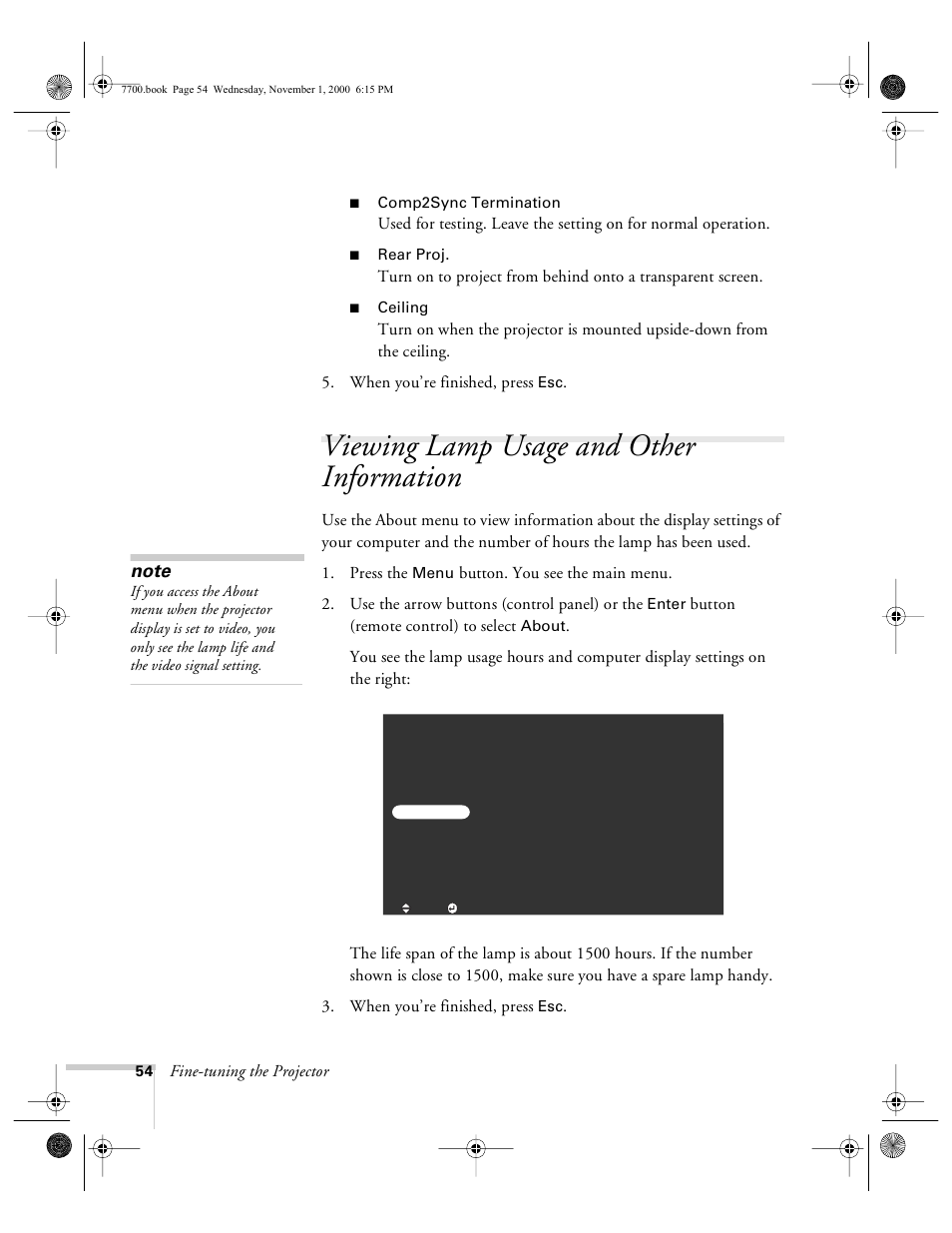 Viewing lamp usage and other information | Epson 7700p User Manual | Page 60 / 116