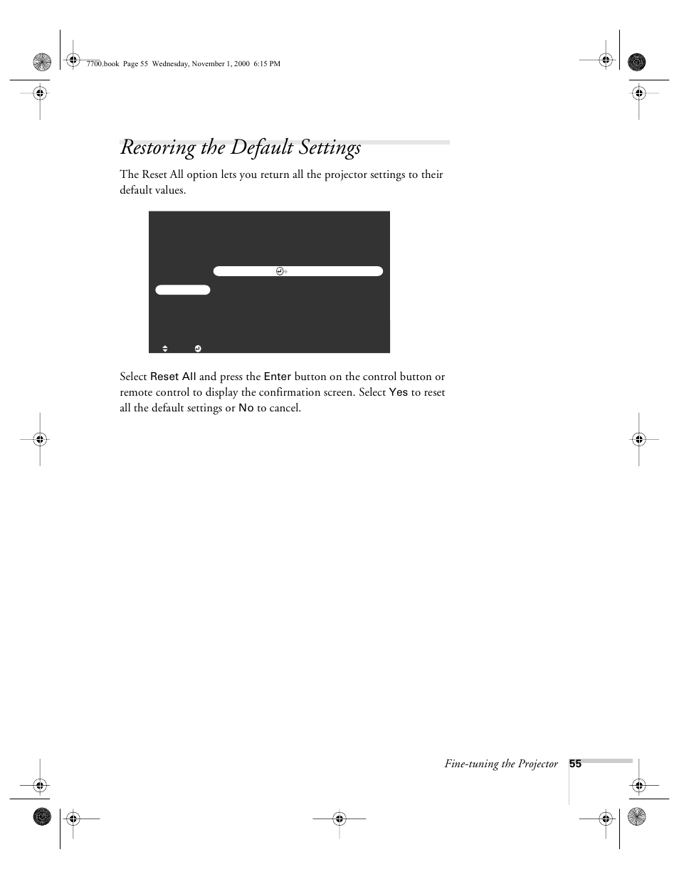 Restoring the default settings | Epson 7700p User Manual | Page 61 / 116