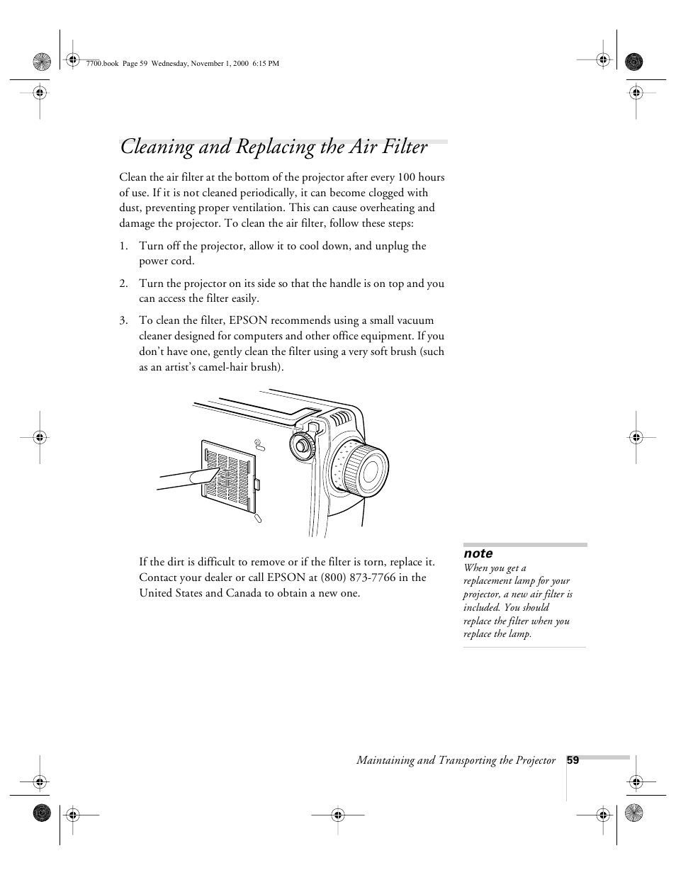 Cleaning and replacing the air filter | Epson 7700p User Manual | Page 65 / 116