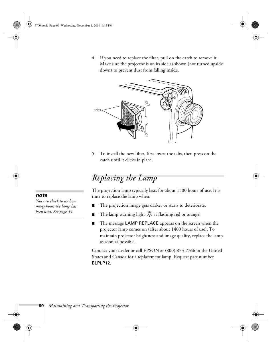 Replacing the lamp | Epson 7700p User Manual | Page 66 / 116