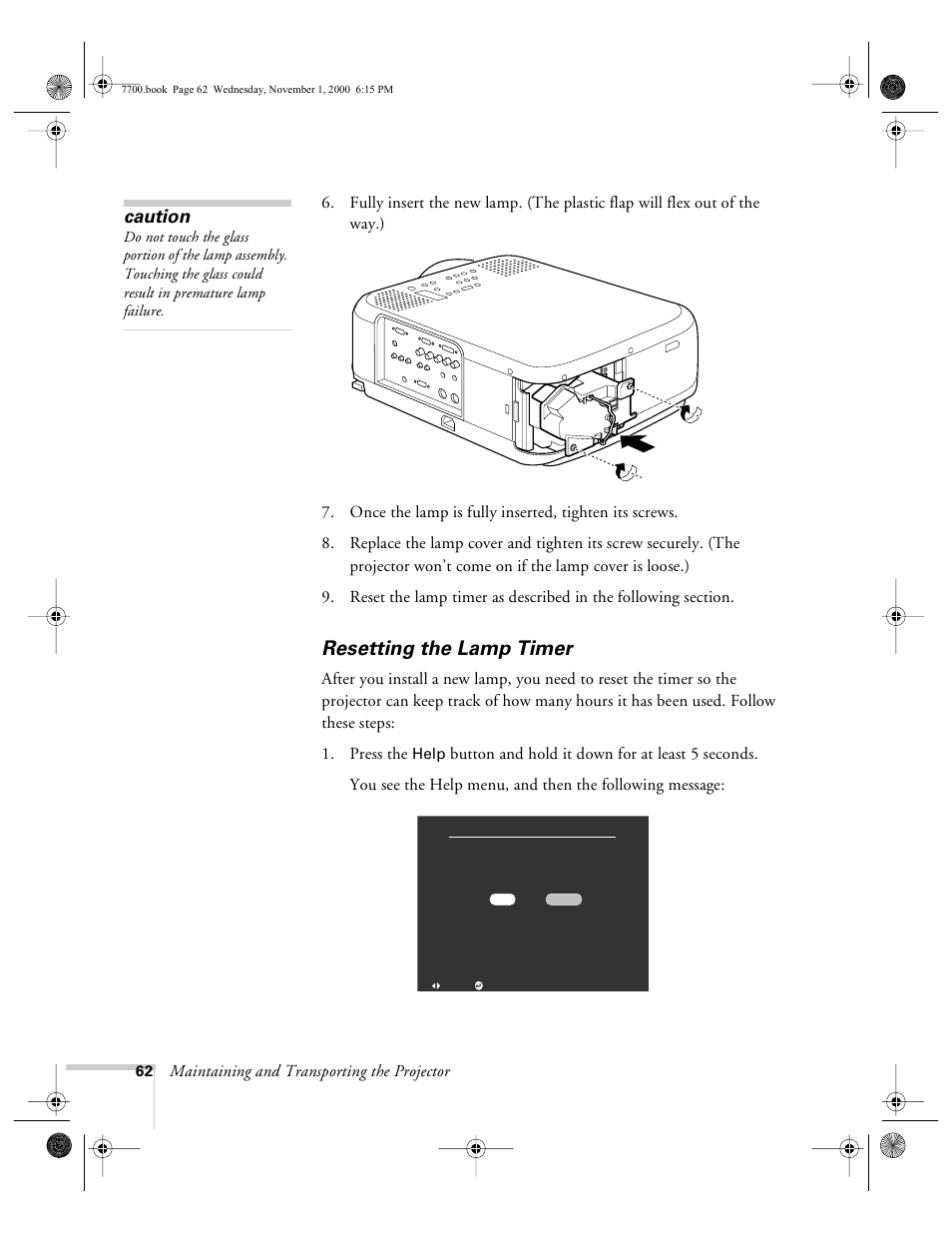 Resetting the lamp timer, Caution | Epson 7700p User Manual | Page 68 / 116