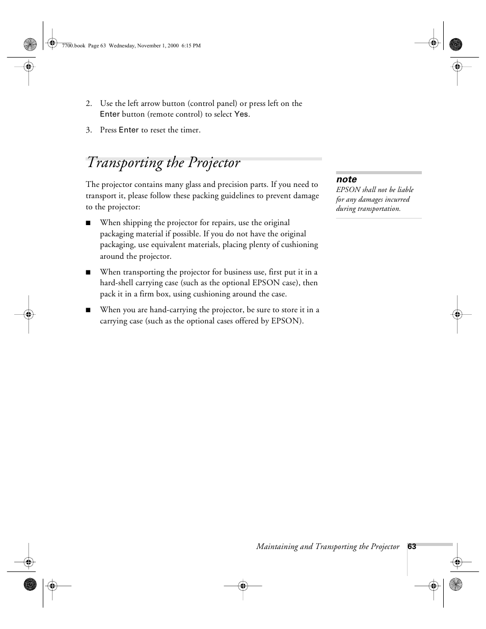 Transporting the projector | Epson 7700p User Manual | Page 69 / 116