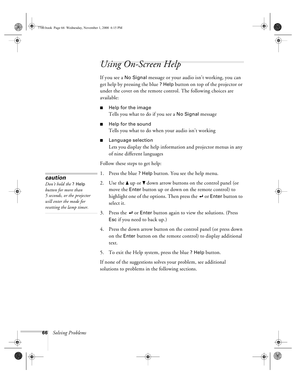 Using on-screen help | Epson 7700p User Manual | Page 72 / 116