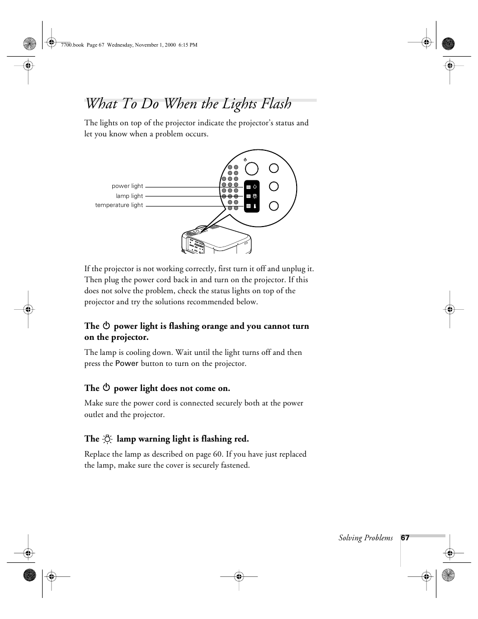 What to do when the lights flash | Epson 7700p User Manual | Page 73 / 116
