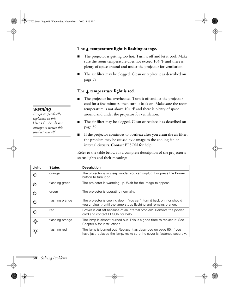 The temperature light is flashing orange, The temperature light is red, Warning | Epson 7700p User Manual | Page 74 / 116