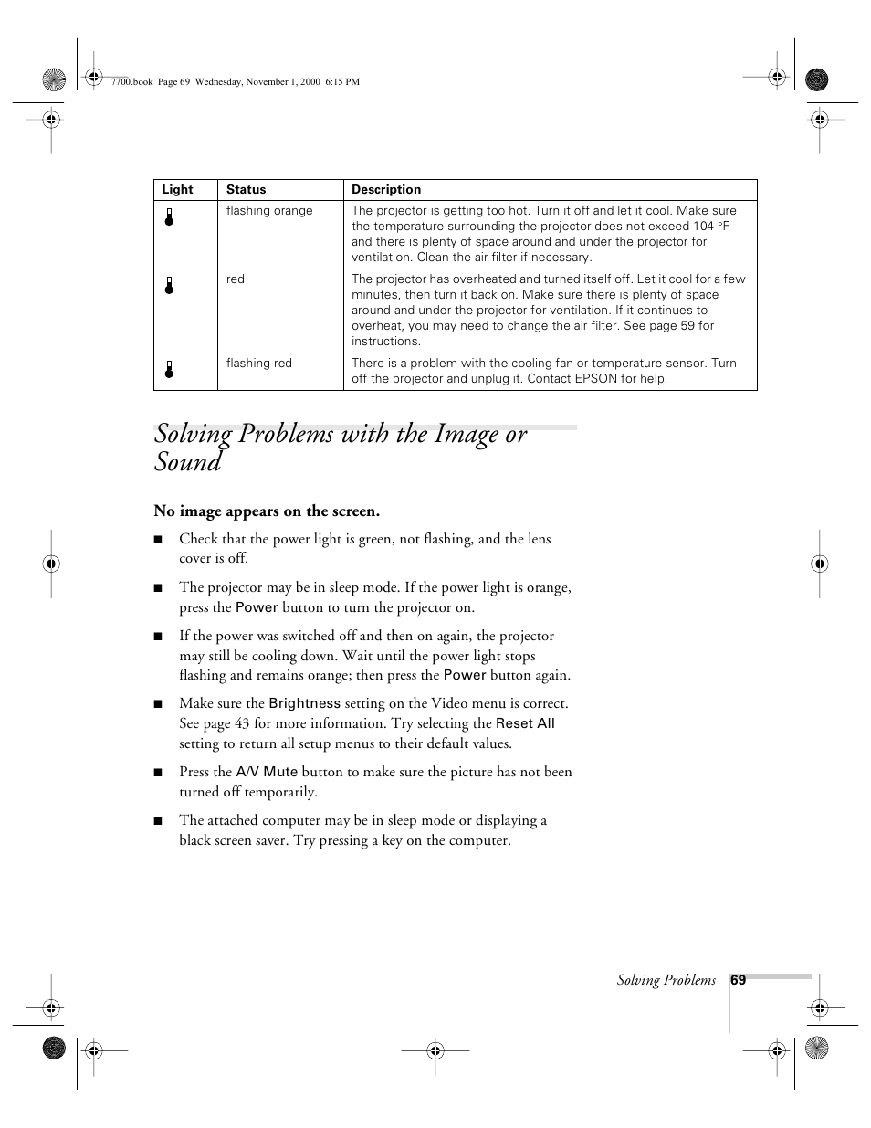 Solving problems with the image or sound | Epson 7700p User Manual | Page 75 / 116