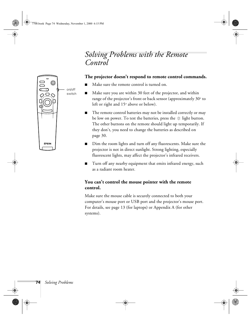 Solving problems with the remote control, Solving problems, Make sure the remote control is turned on | Above or below) | Epson 7700p User Manual | Page 80 / 116