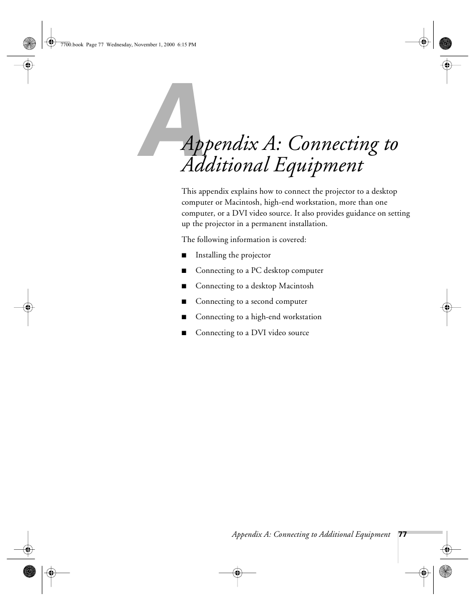Appendix a-connecting to additional equipment, Appendix a: connecting to additional equipment | Epson 7700p User Manual | Page 83 / 116