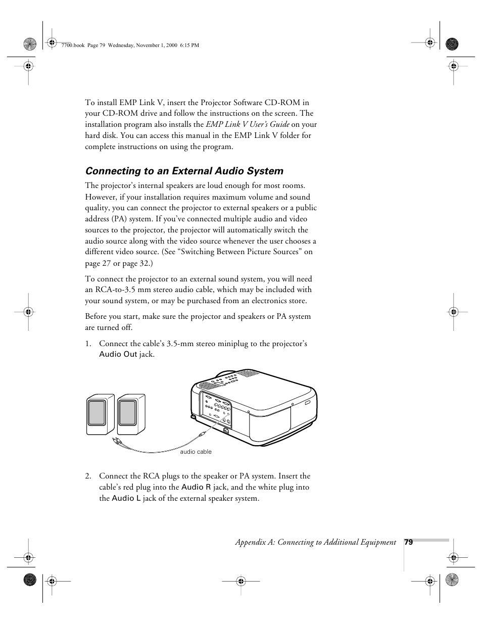 Connecting to an external audio system | Epson 7700p User Manual | Page 85 / 116