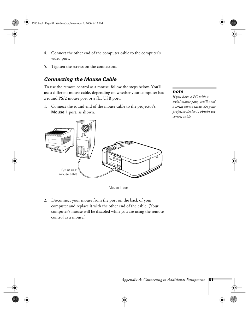 Connecting the mouse cable | Epson 7700p User Manual | Page 87 / 116