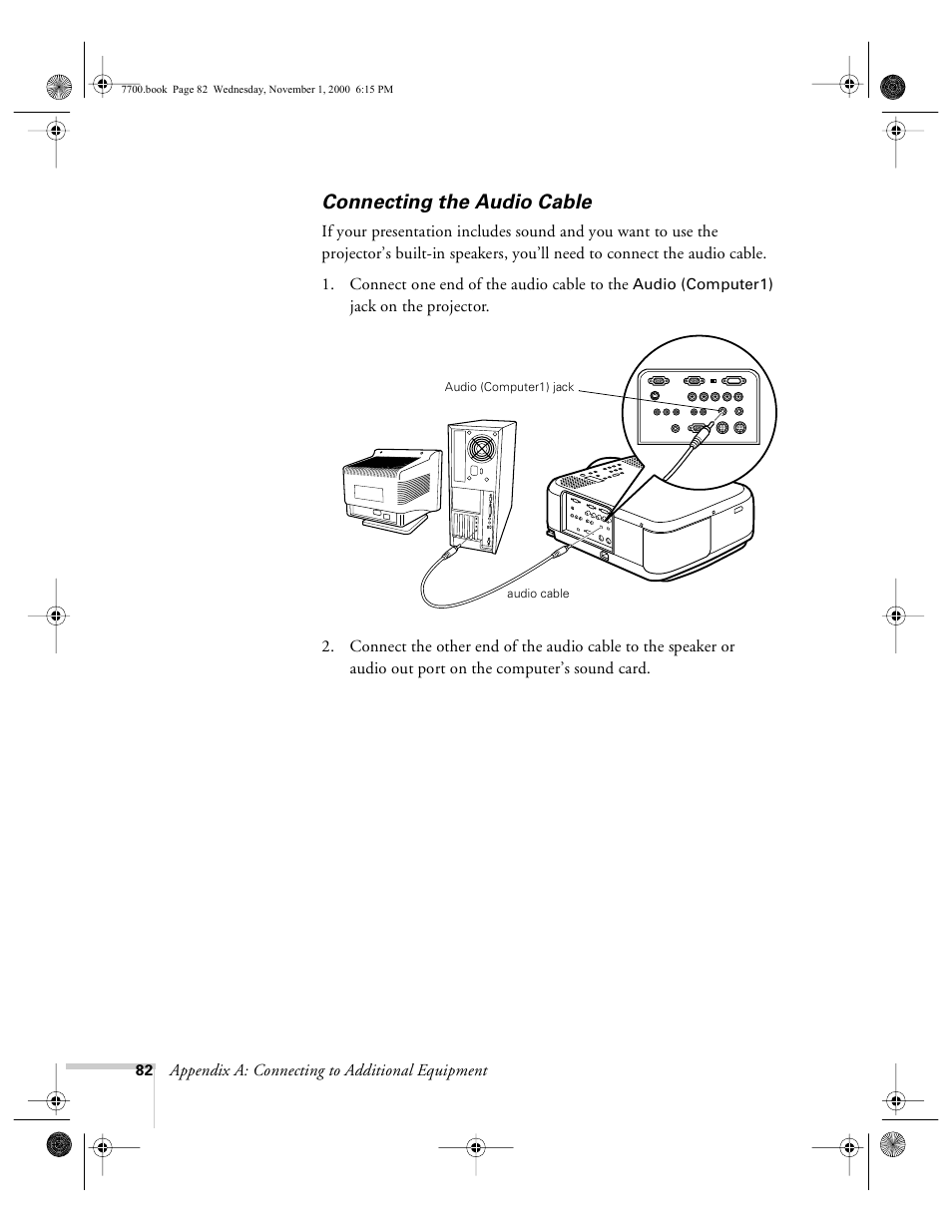 Connecting the audio cable | Epson 7700p User Manual | Page 88 / 116