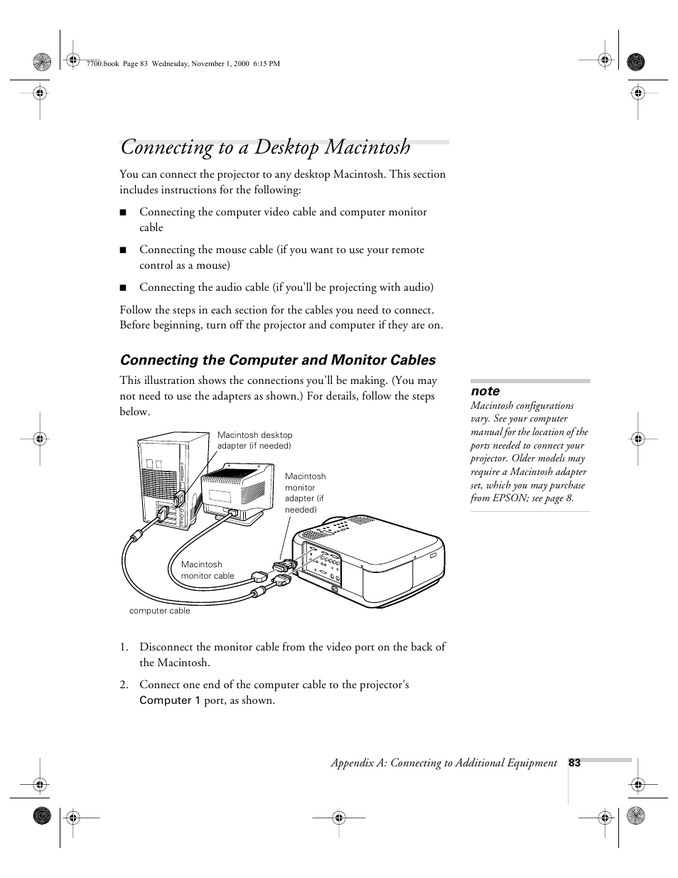 Connecting to a desktop macintosh, Connecting the computer and monitor cables | Epson 7700p User Manual | Page 89 / 116