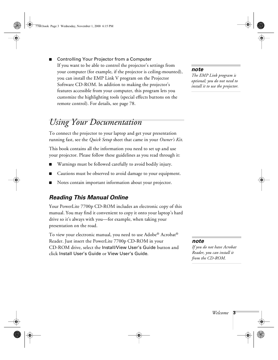 Using your documentation, Reading this manual online | Epson 7700p User Manual | Page 9 / 116