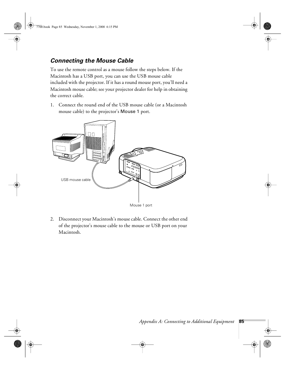 Connecting the mouse cable | Epson 7700p User Manual | Page 91 / 116