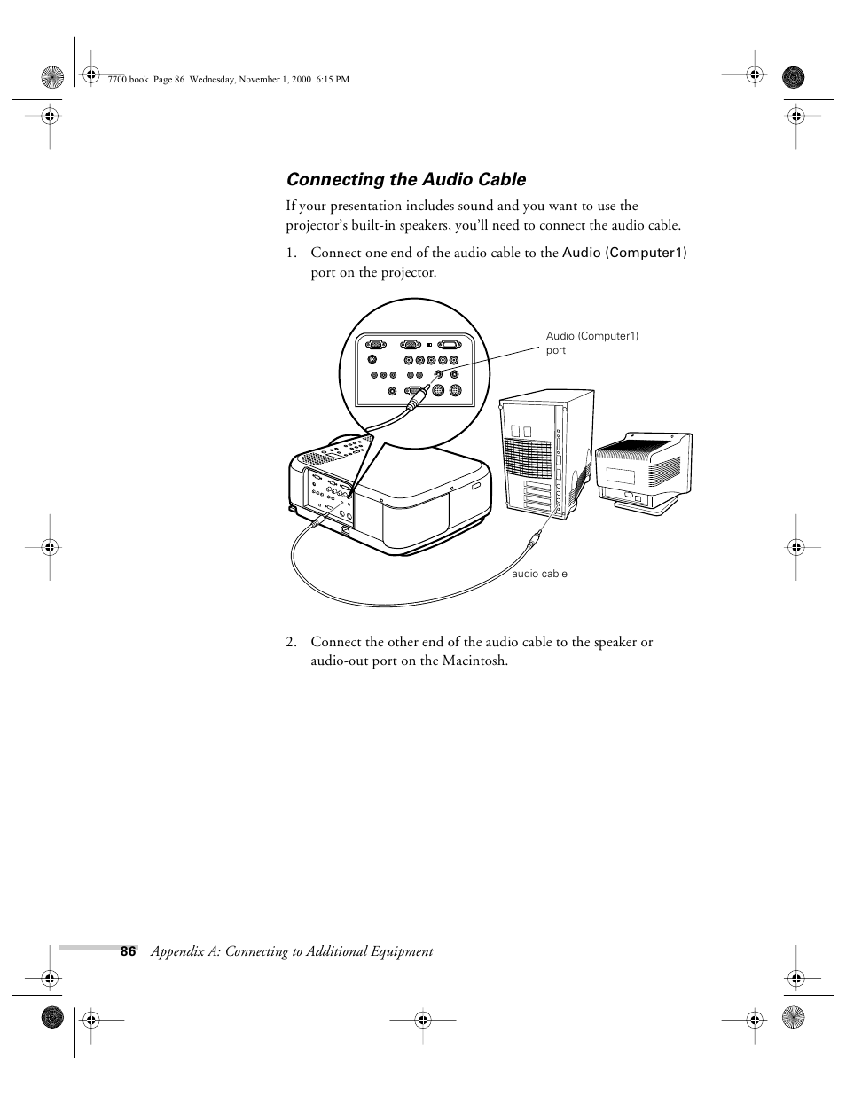 Connecting the audio cable | Epson 7700p User Manual | Page 92 / 116