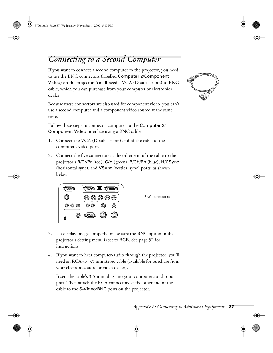 Connecting to a second computer, Appendix a: connecting to additional equipment, Red) | Green), Blue), Horizontal sync), and, Ports on the projector | Epson 7700p User Manual | Page 93 / 116