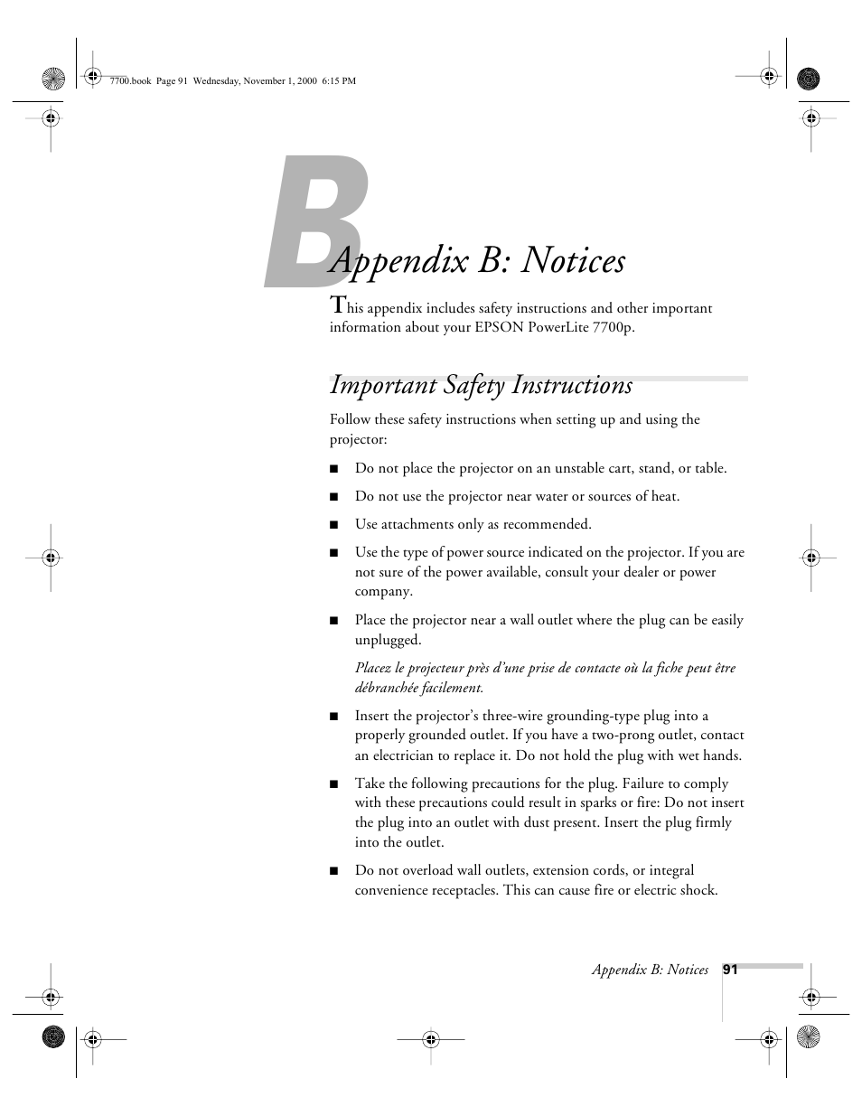 Appendix b-notices, Important safety instructions, Appendix b: notices | Epson 7700p User Manual | Page 97 / 116