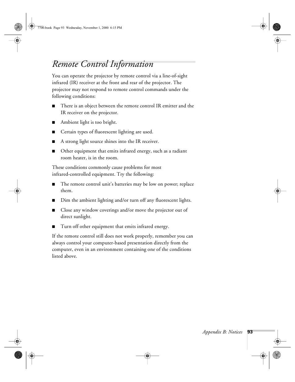 Remote control information | Epson 7700p User Manual | Page 99 / 116