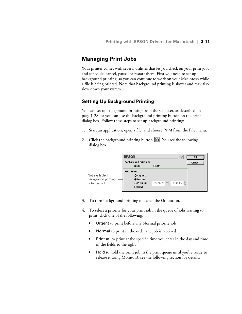 Managing print jobs, Setting up background printing | Epson 10600 User Manual | Page 108 / 183