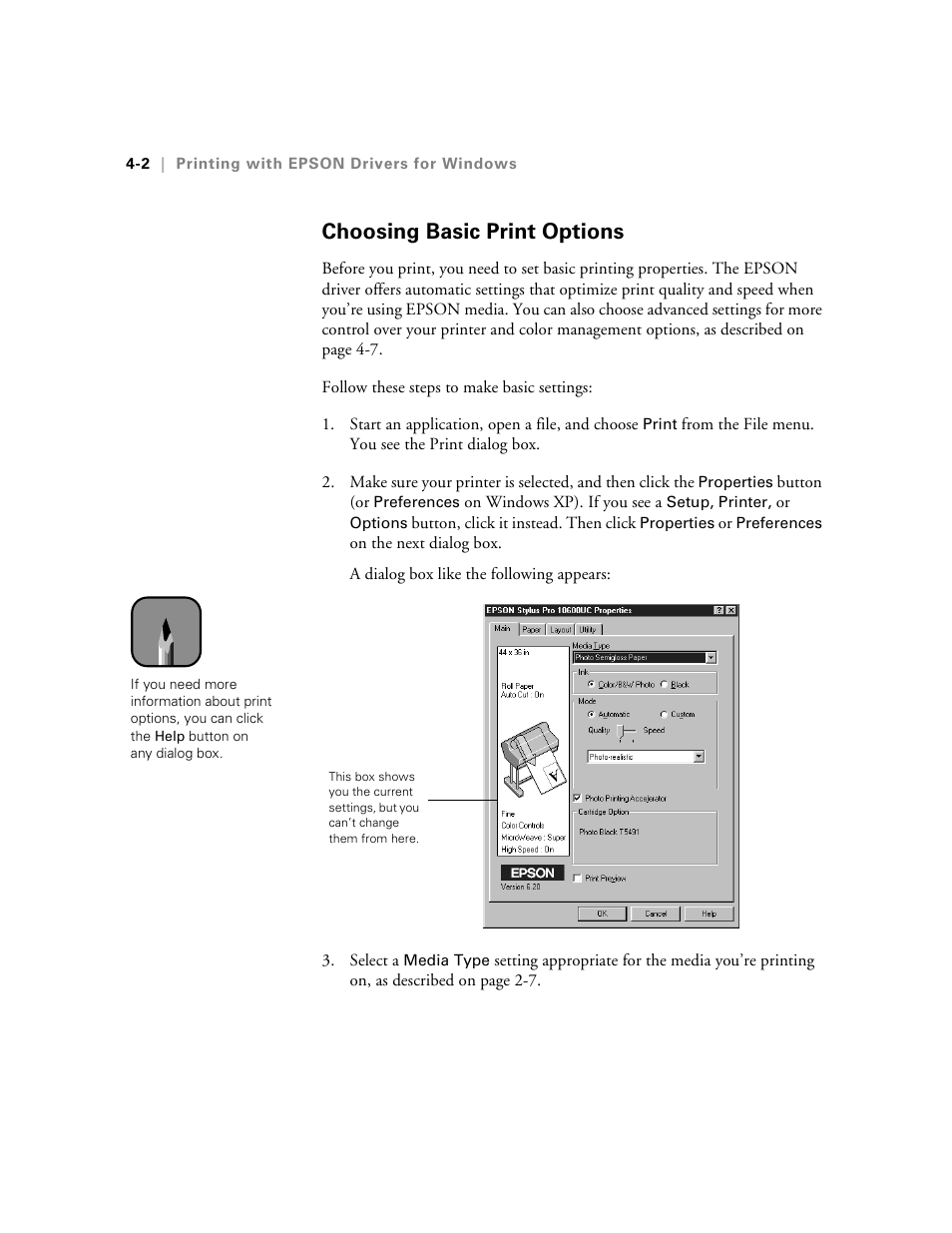 Choosing basic print options, Step 3 | Epson 10600 User Manual | Page 115 / 183