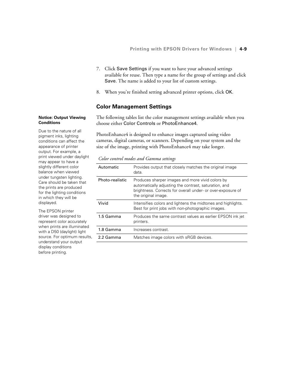 Color management settings | Epson 10600 User Manual | Page 122 / 183