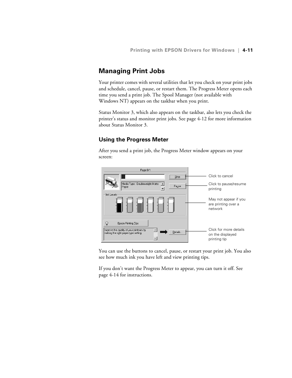 Managing print jobs, Using the progress meter | Epson 10600 User Manual | Page 124 / 183
