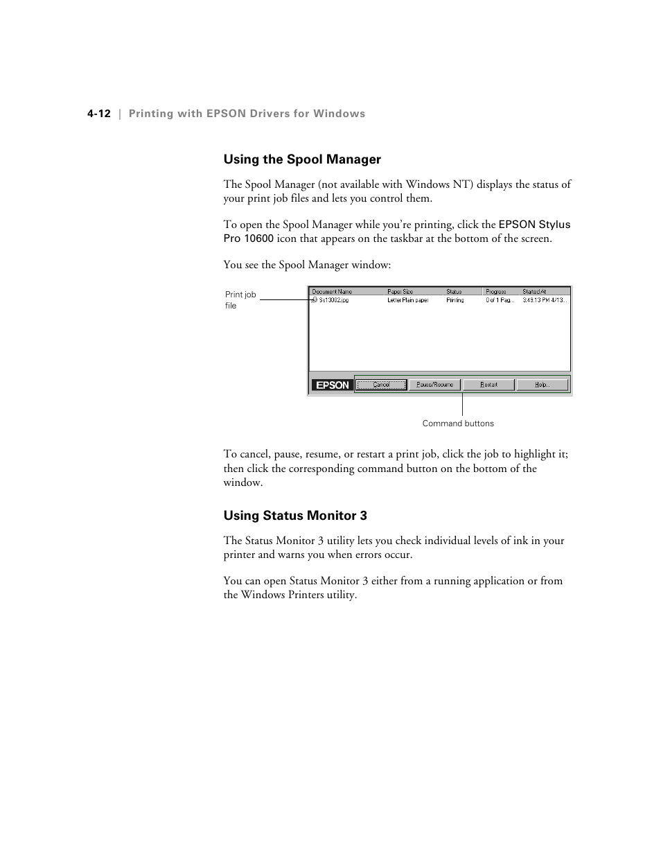 Using the spool manager, Using status monitor 3 | Epson 10600 User Manual | Page 125 / 183